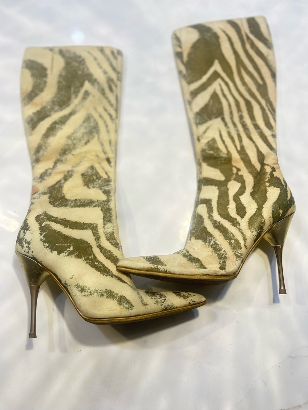Roberto Cavalli Olive & Ivory Zebra-Print Pointed Stiletto Boots